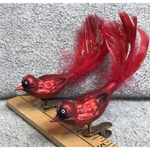 Set Of Two Glass Blown Cardinal Clip-On Christmas Holiday Ornaments